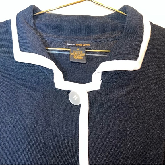 Grace Dane Lewis Black & White Trim Knit Sweater Coat Cardigan Medium - Picture 4 of 10